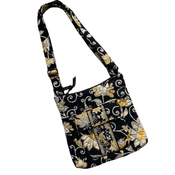 GIFT? Vera Bradley Quilted Crossbody Yellow Birds/Flowers on Black, Lined, OS - Picture 7 of 7
